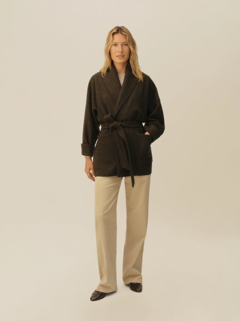 NWT Buck Mason Felted Wool Wrap Coat Marled River Rock